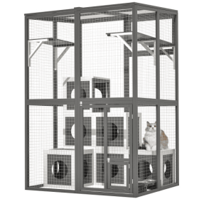 Outdoor Wooden Cat Catio - Large Solid Wood Cat Cage Playpen With 2 Jumping Platforms  7 Napping Houses, Walk-in Cat Kennel Condo Shelter, Grey (Color: Grey)