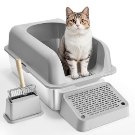 VEVOR 6 in Deep Cat Litter Box Odor-Free Litter Box with Filtering Foot Board (Color: Light Gray)